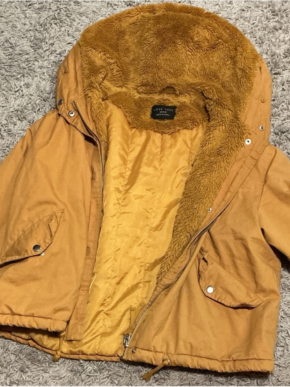 Love Tree Mustard Hooded Faux-Fur Lined Puffer Jacket